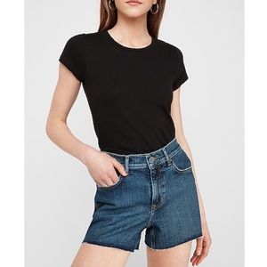 EXPRESS High Waisted Dark Wash Raw Hem Jean Shorts